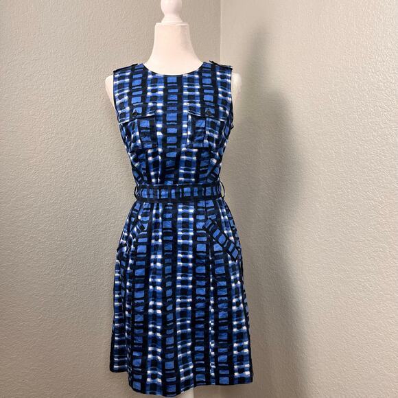 Calvin Klein Dress Womens 6 Blue Abstract Grid Print Sleeveless‎ Belted Work - Picture 1 of 10